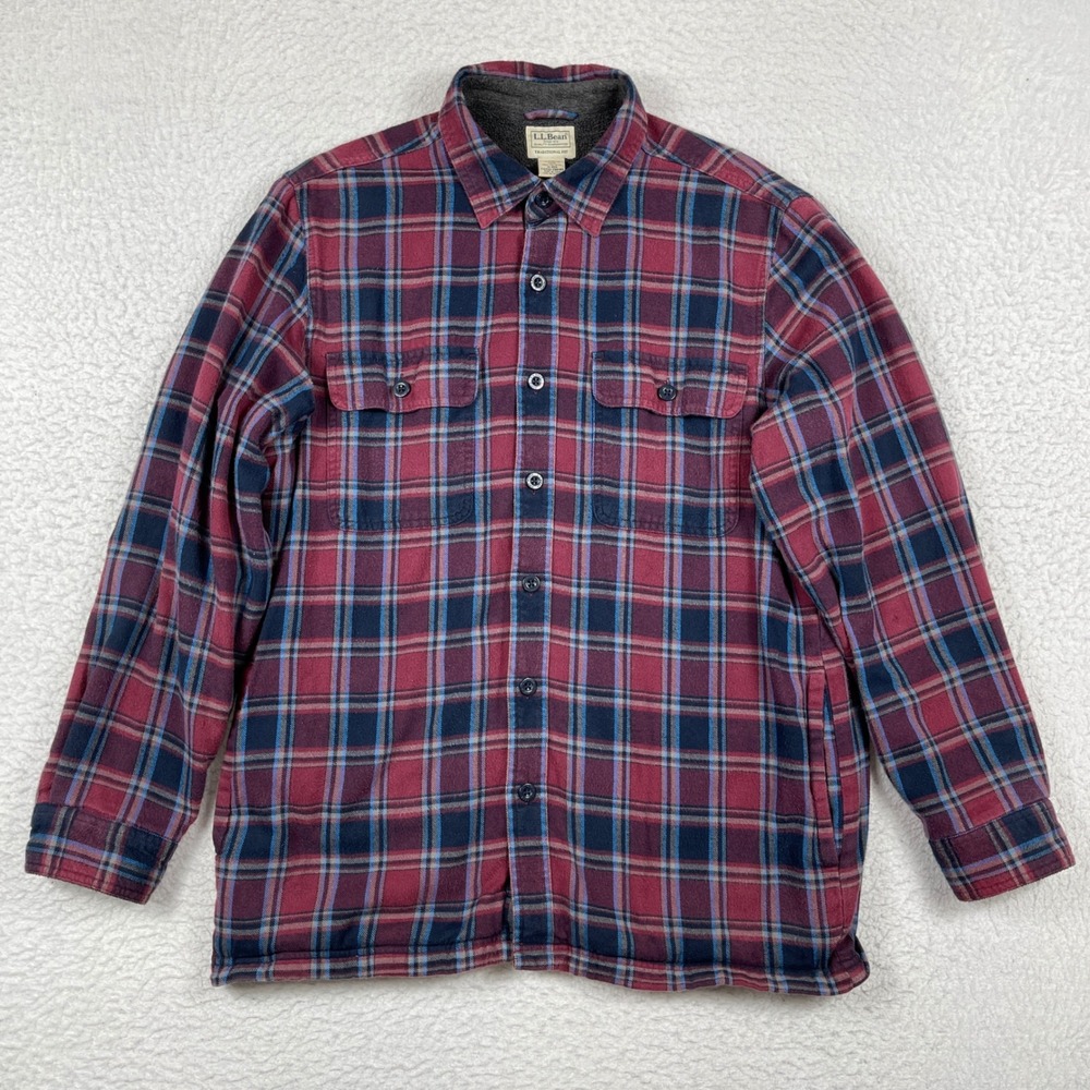 LL Bean Fleece Lined Flannel Shirt Jacket Mens Medium Burgundy Navy Plaid 298189